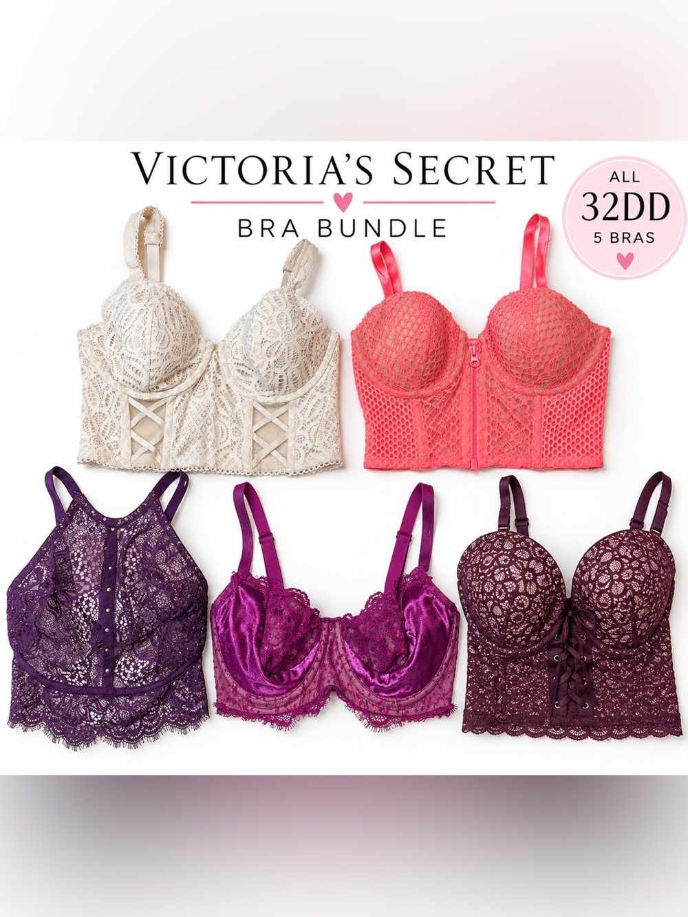 Victoria’s Secret 32DD Bra Bundle Lot of 5 Lace Corset Bustier Longline Bras
